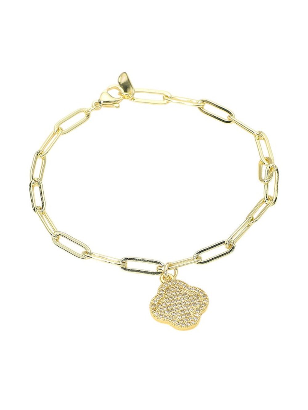 Tigerstars Gold Rhinestone Pave Clover Charm Paperclip Chain Link Bracelet